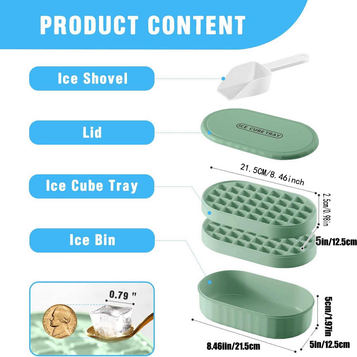 Stackable Double Ice Cube Tray with Lid and Case, Ice Cubes with Container and Spoon Included BPA Free