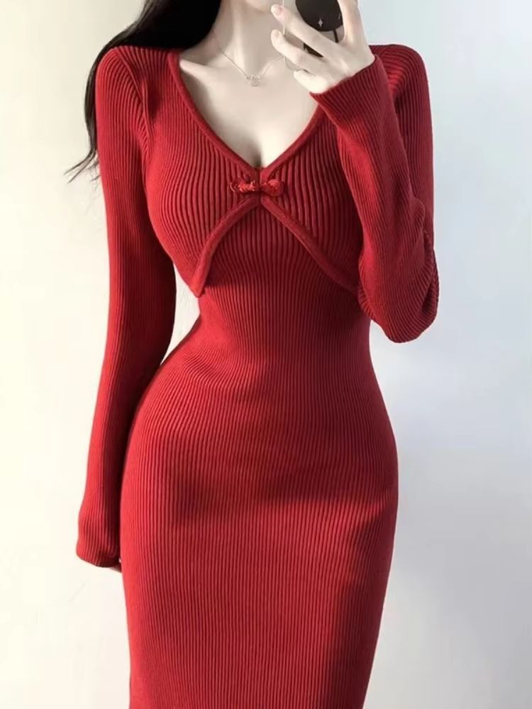 Elegant Red Crochet Knit Dress Vintage Bodycon Midi Dress Luxury Women's Knit Bodycon Dress