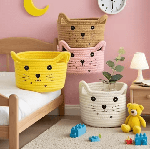 Cat Face Woven Cotton Storage Basket – Cute Home Organizer for Toys, Clothes & Pet Supplies