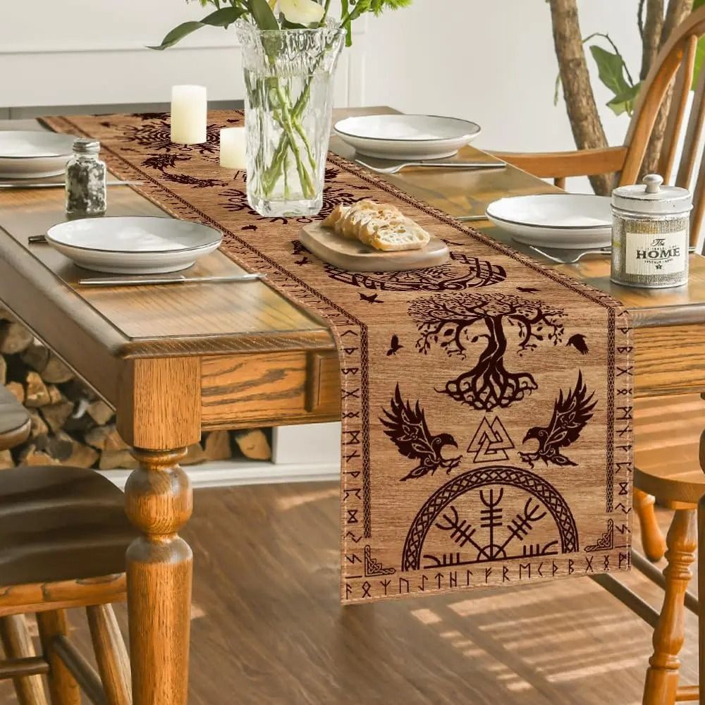 Viking Raven Helm of Awe Linen Table Runner Norse Dining Decor