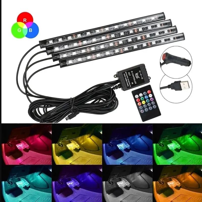 Universal Car RGB LED Interior Ambient Light Strips 8 Color Kit