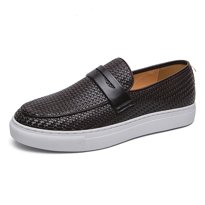 Men's Slip On Loafers, Soft Leather Shoes, Weave Pattern Sneakers, Casual Flats