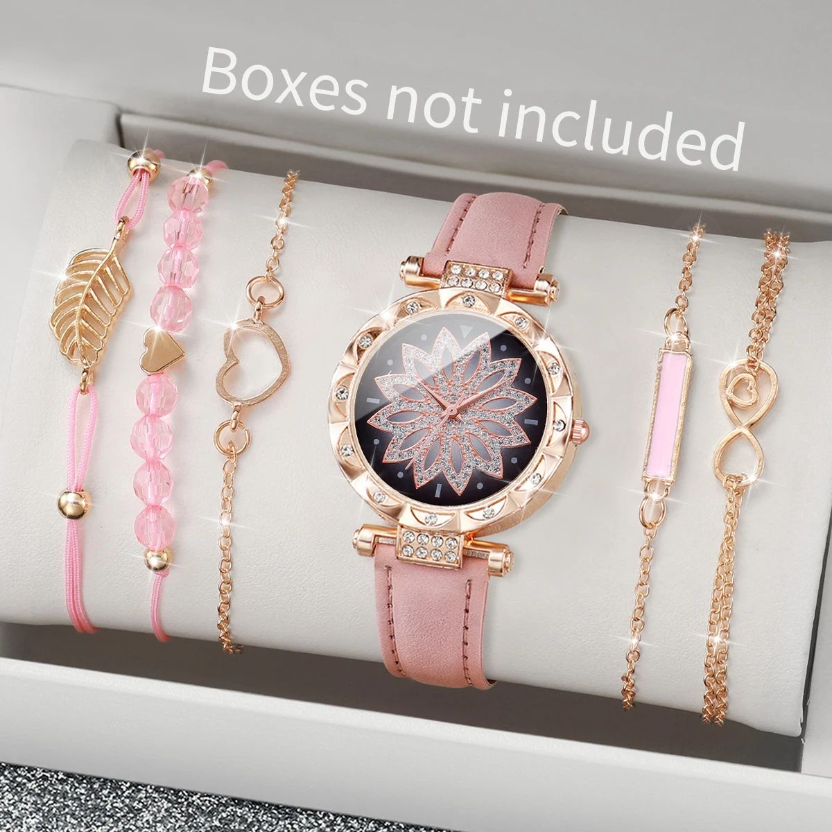Heart Dial Leather Watch and Leaf Bracelet Set
