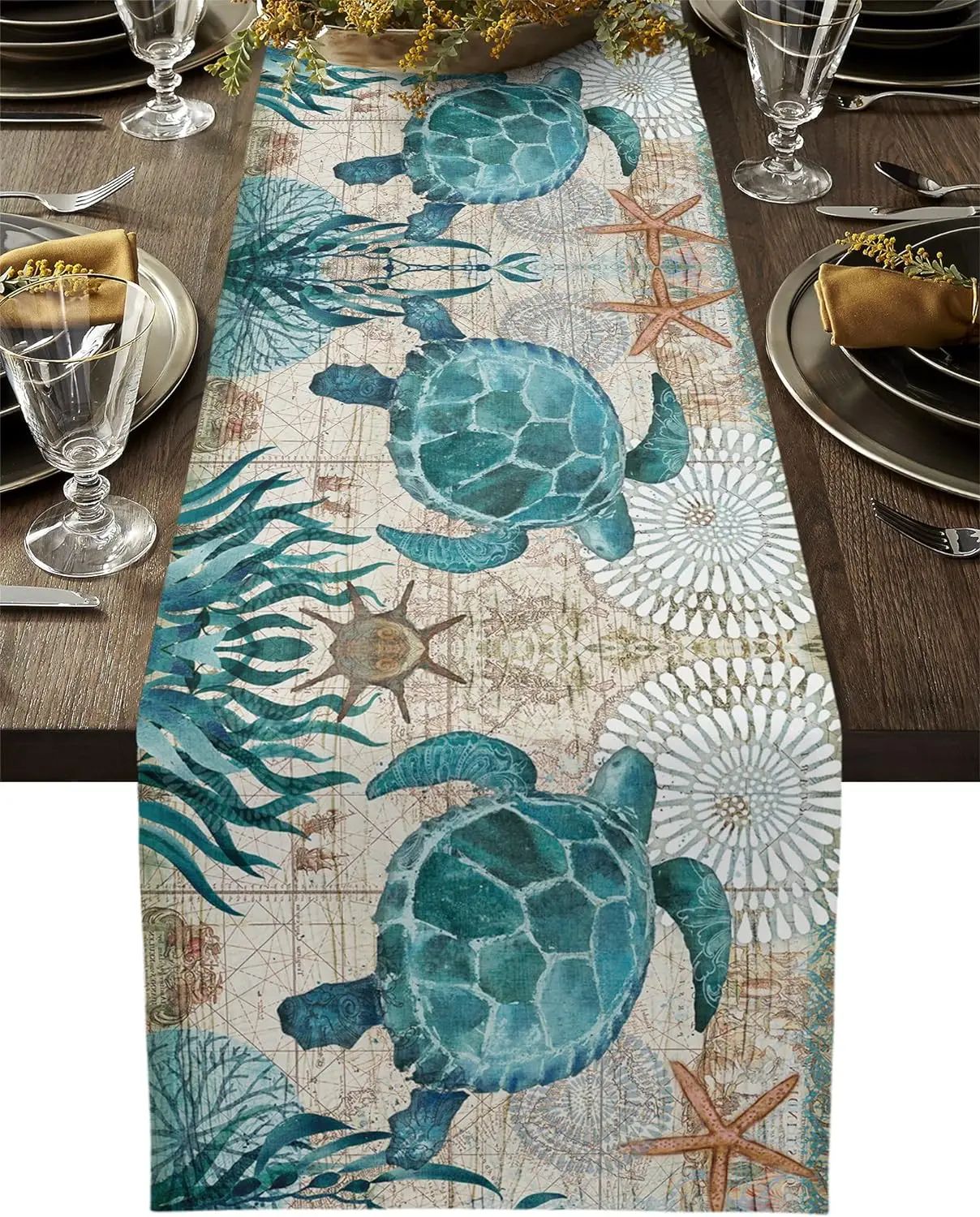 Coastal Sea Turtle Linen Table Runner for Beach-Inspired Dining Decor