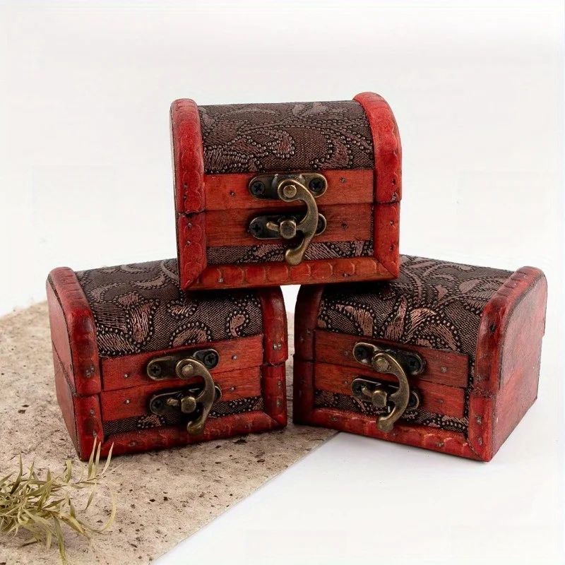 6 Pcs Vintage Wooden Jewelry Boxes w/ Lock - Mini Treasure Chest Ring & Keepsake Storage, Stackable Red & Black