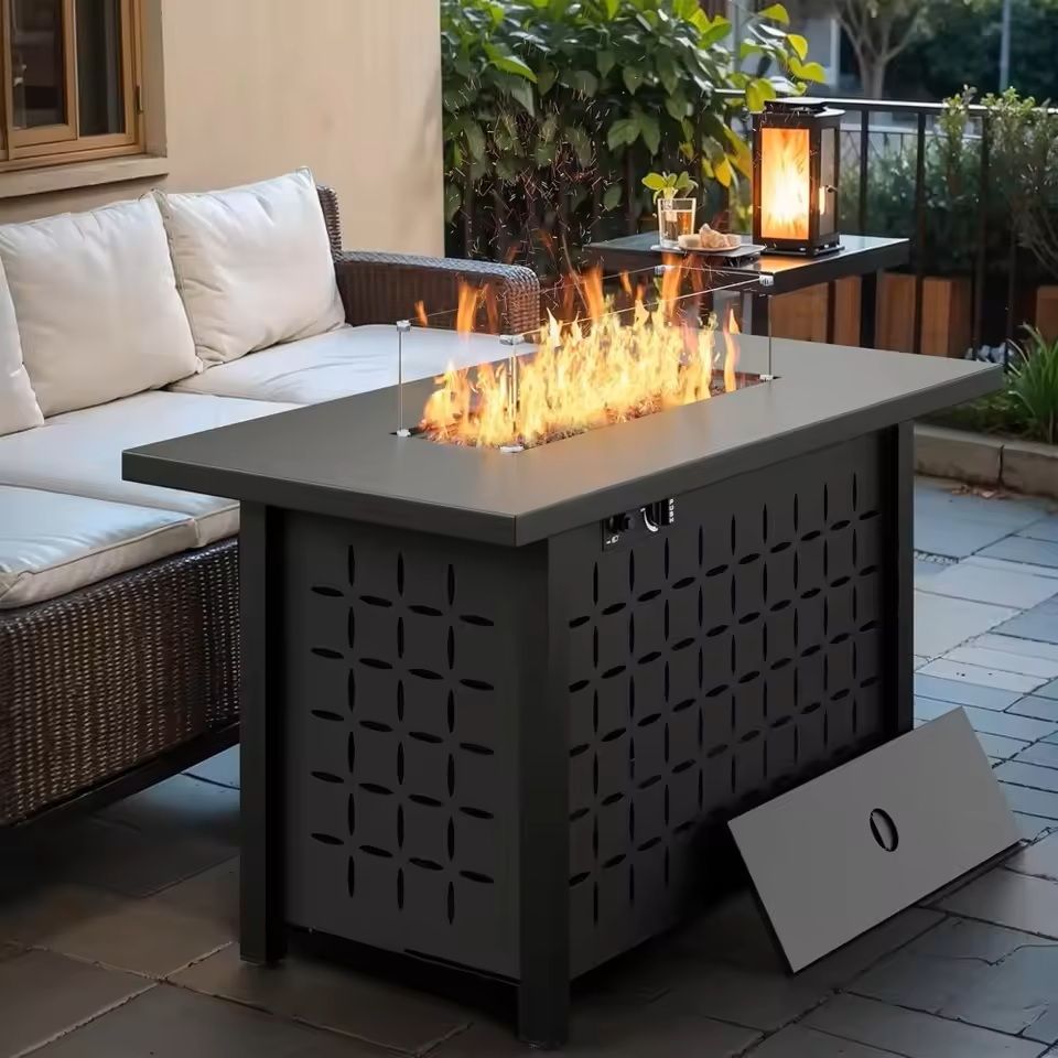 43 Inch Outdoor Propane Fire Pit Table with Glass Guard and Lid