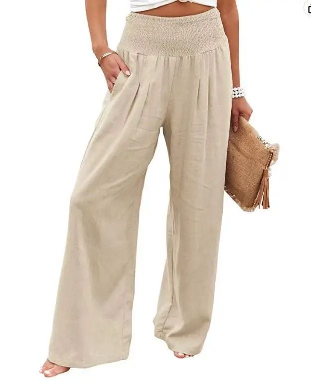 Women Drawstring Wide Leg Casual Pants Mid Waist Beach Trousers