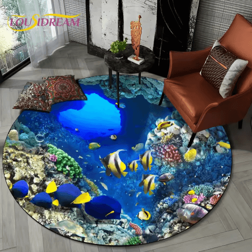 3D Ocean Dolphin Area Rug – Non-Slip Underwater Illusion Round Carpet