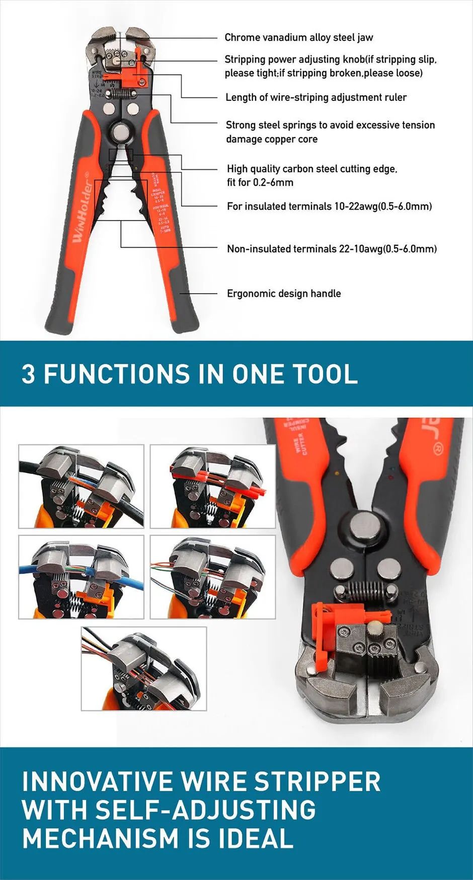 Automatic Wire Stripper Cutter Crimper - Professional Electrician Cable Tool, 10–24 AWG Multifunction Pliers
