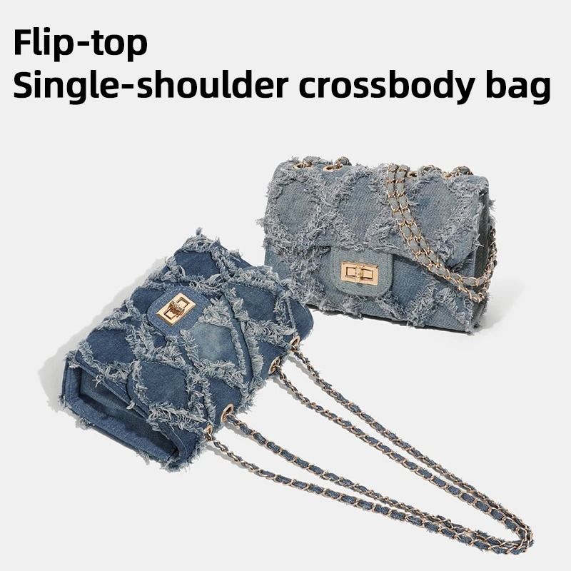 Trendy Shredded Denim Diamond Crossbody Chain Bag