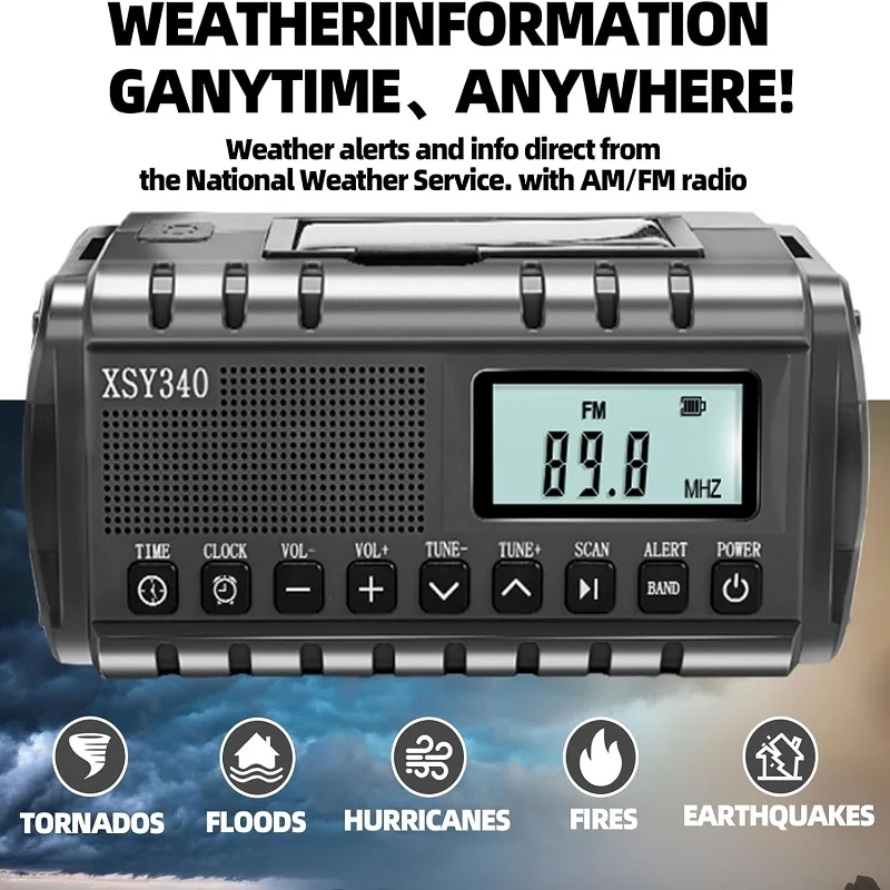 Multifunctional Solar Hand Crank Emergency Radio with Weather Alert, Flashlight, SOS Alarm & USB Charging