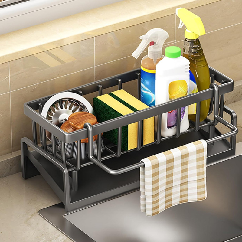 Carbon Steel Kitchen Sink Organizer, Tilted Water Tray Storage Rack for Sponge Brush