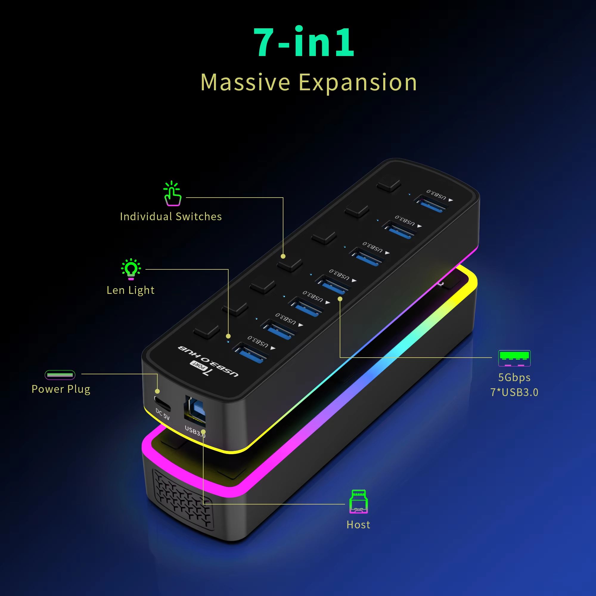 HyperLink RGB USB 3.0 7-Port High-Speed Hub with Individual Switches