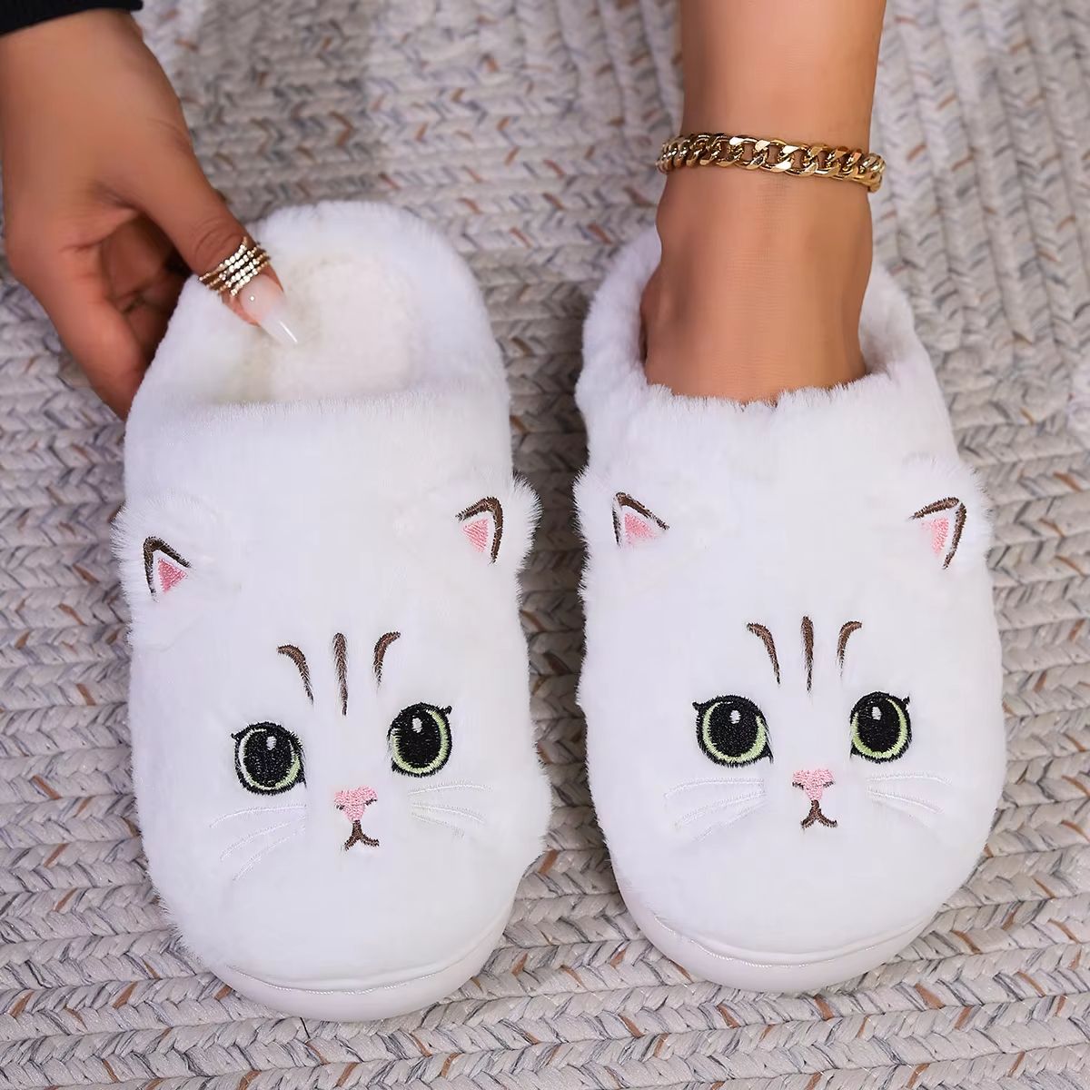 CozyCat Kawaii Fuzzy Slippers Plush Non Slip Home Slippers