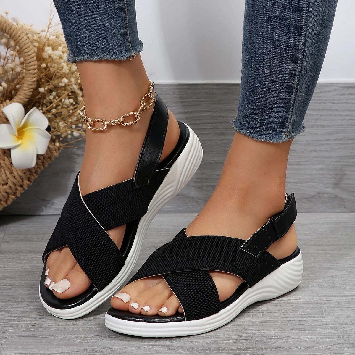 Women Knit Elastic Cloth Wedge Sandals Slip On Lightweight Walking Sandals