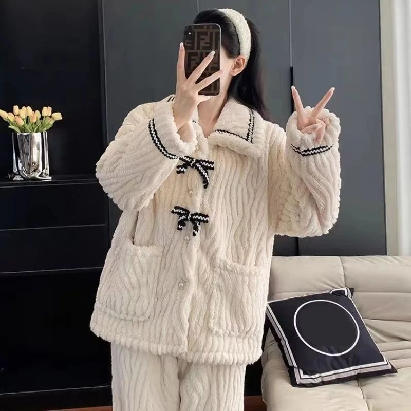 Women Autumn Winter Thick Warm Pajama Set 2 Pieces