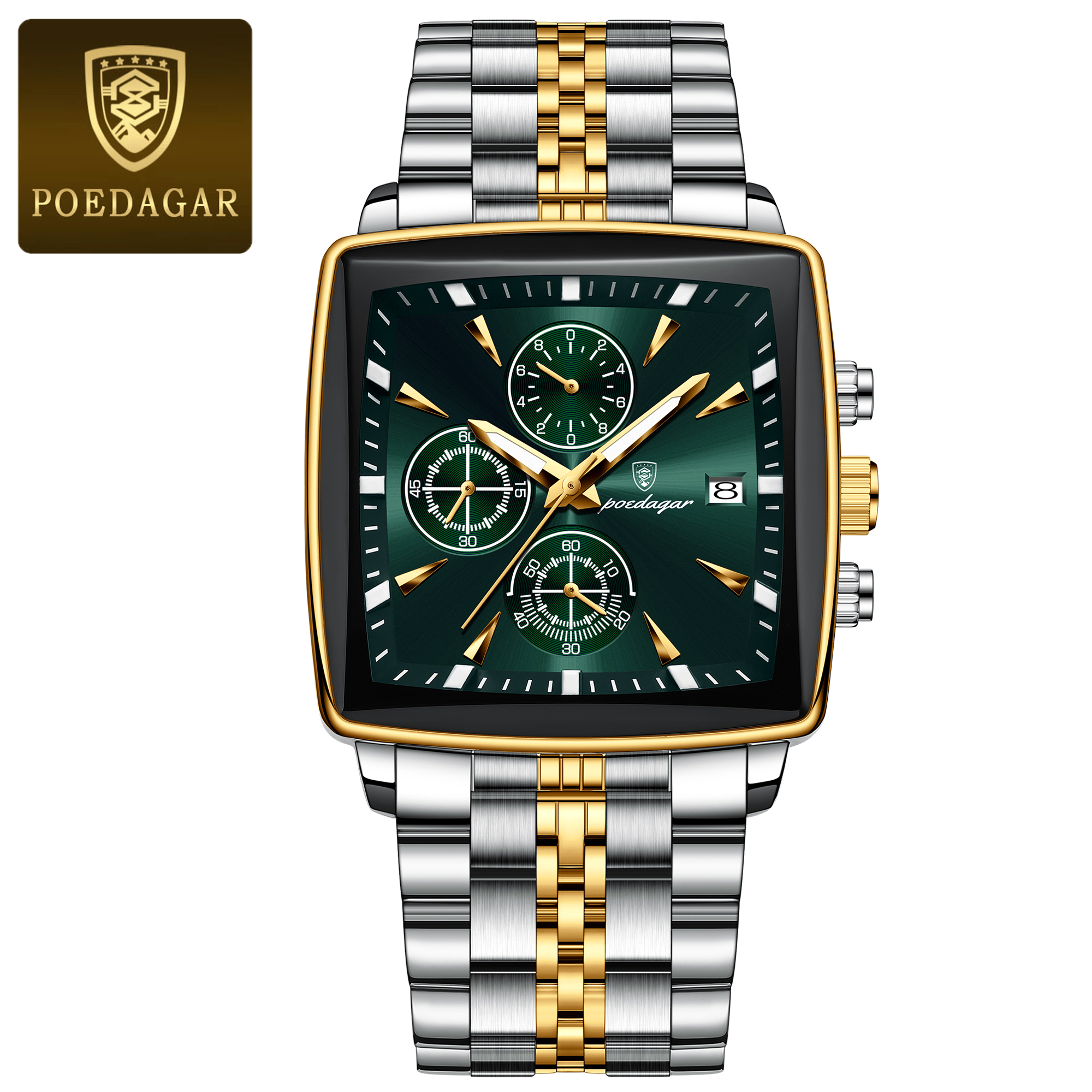 Square Stainless Steel POEDAGAR Fashion Men Watch Quartz Chronograph, Luminous Waterproof Date Wristwatch