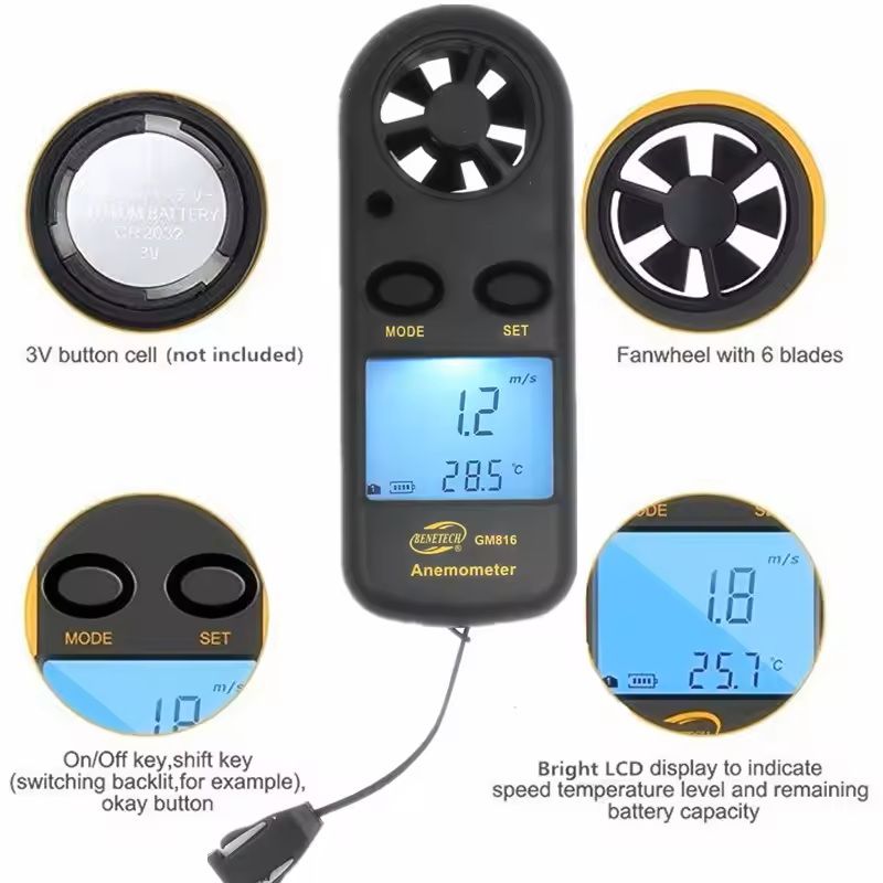 Mini Digital Anemometer with LCD and Temperature Display
