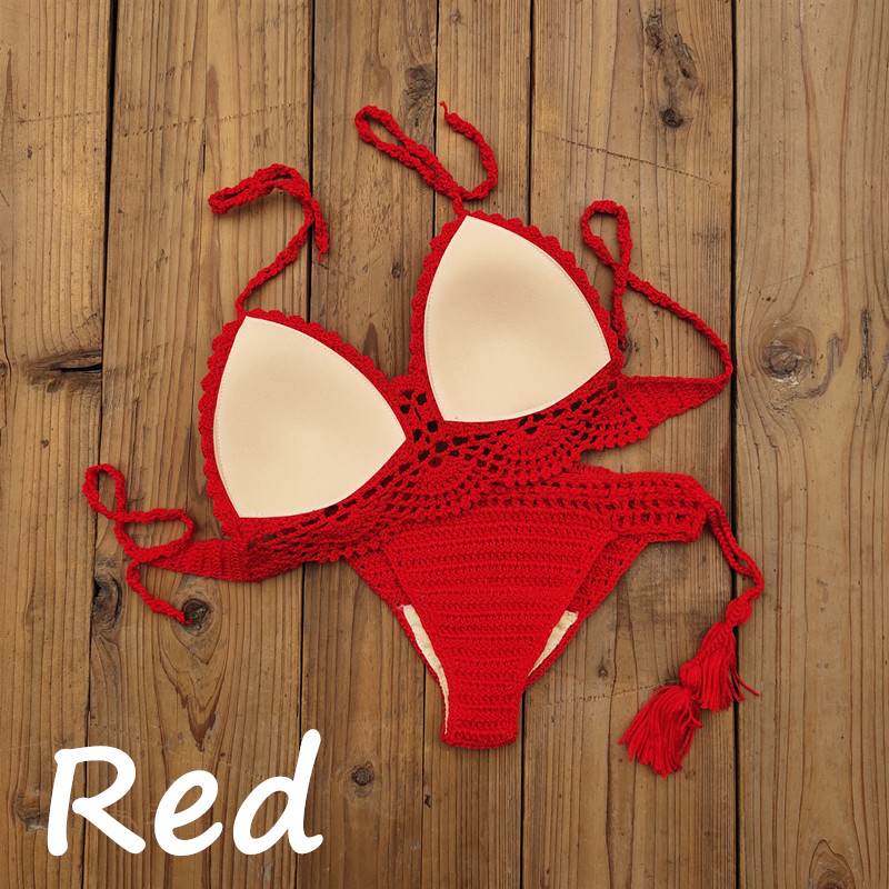 Hand Crochet Women Swimwear, Sexy Crop Top Push Up Bikini Set, Beach Swimsuit with Tassel Swim Shorts