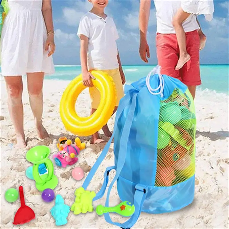 Foldable Mesh Beach Toy Bag Drawstring Backpack with Zipper Pocket