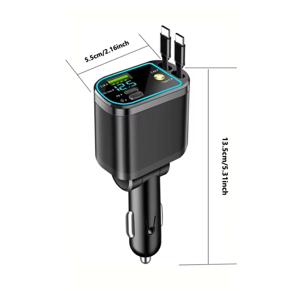 4 in 1 Retractable Car Charger With Dual Built In Cables and Star Light Effect