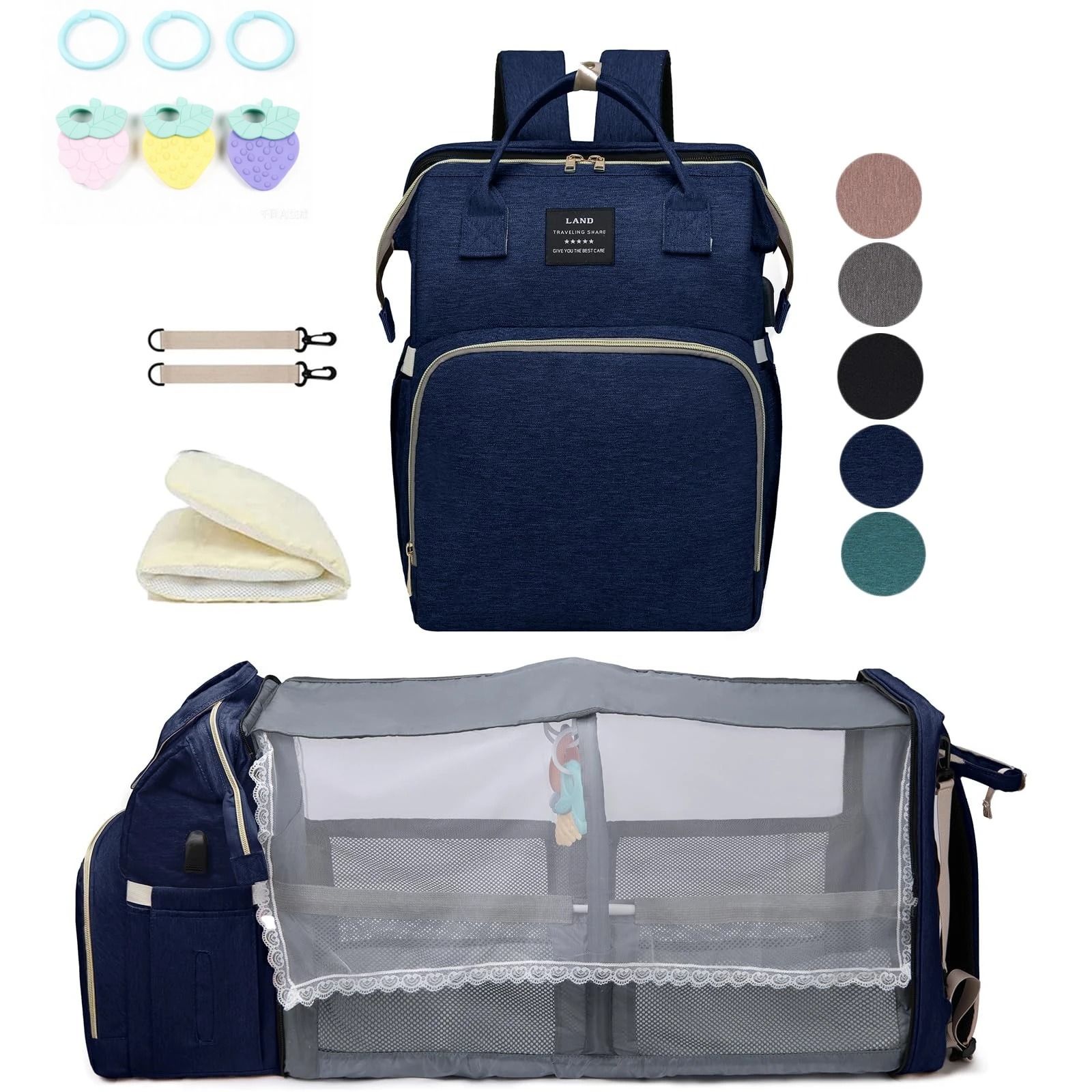 Lightweight Diaper Bag Backpack with Folding Crib Travel Bed
