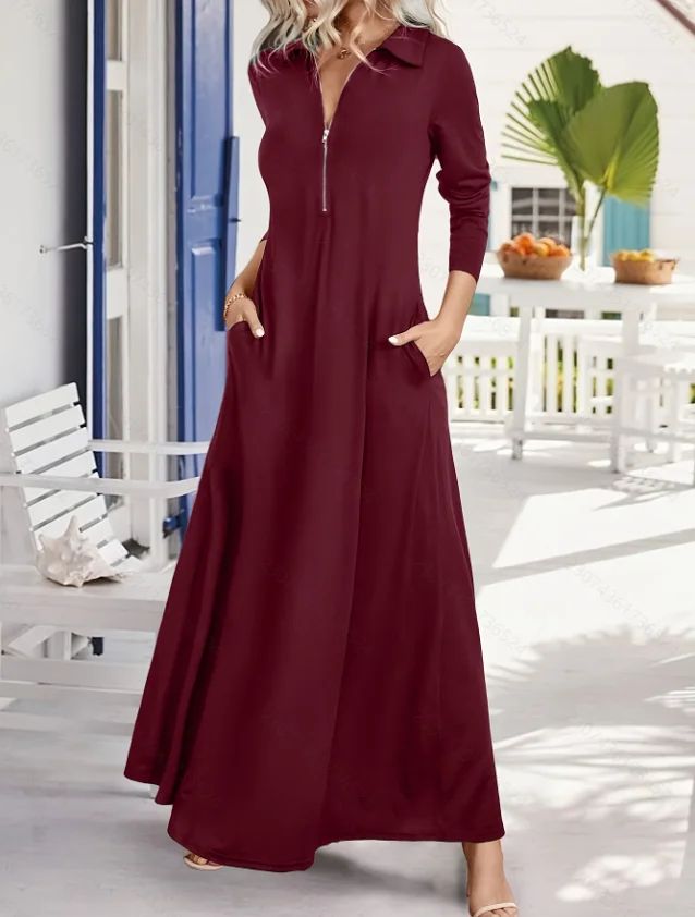 Elegant Long Sleeve Maxi Dress with Pockets – Spring-Autumn Slim Shirt Dress