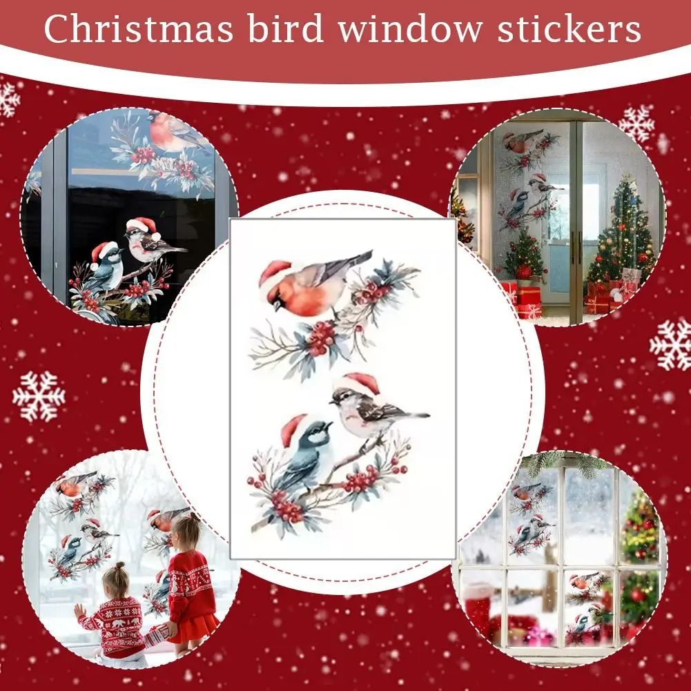 Christmas Bird and Tree Branch Window Static Stickers Set