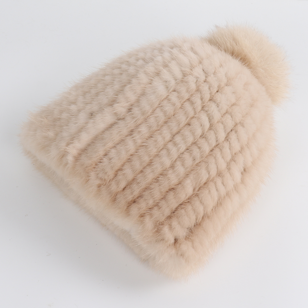 Winter Women Genuine Mink Fur Hat Hand Knitted Warm Cap with Real Mink Fur and Fox Fur Pompoms