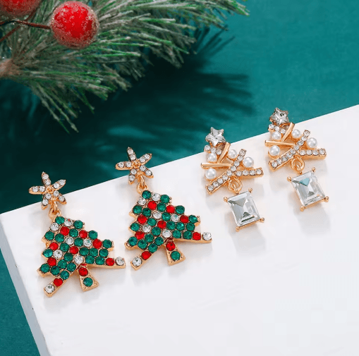 Christmas Tree Dangle Earrings Shiny Rhinestone Star Drop Earrings for Women and Girls