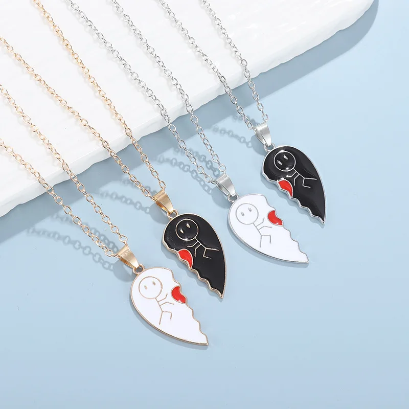 Couple Magnetic Necklace Stickman Heart Charm, Fashion Trendy Splicing Heart Pendant Jewelry Gift