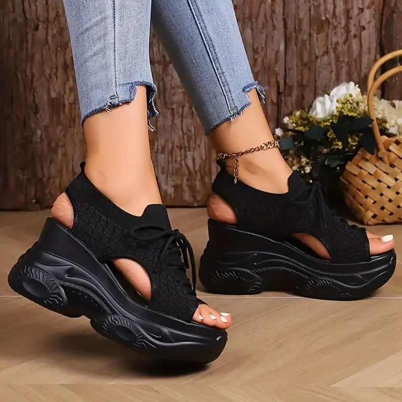 Women Round toe Wedge Lace up Casual Sneakers Breathable Non-slip Thick Sole