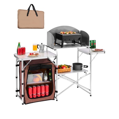 Portable Camping Kitchen Table, Foldable Picnic Cabinet with Storage Rack, Windshield & Side Tables