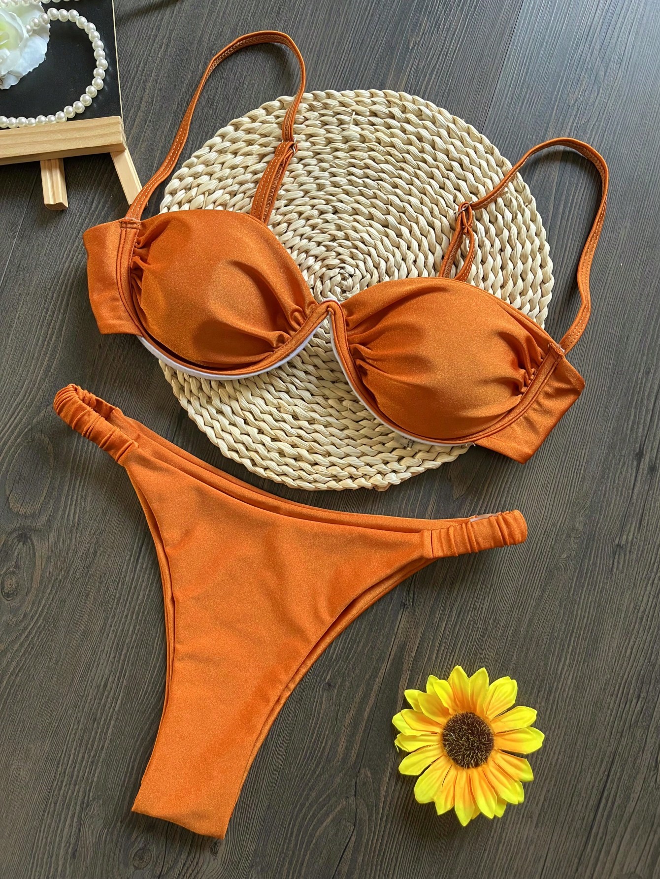 Flower Bikini Set Women Black White, V Wire Underwired Mini Swimsuit, Sexy Beach Bathing Suit, Pleate Thong Swimwear
