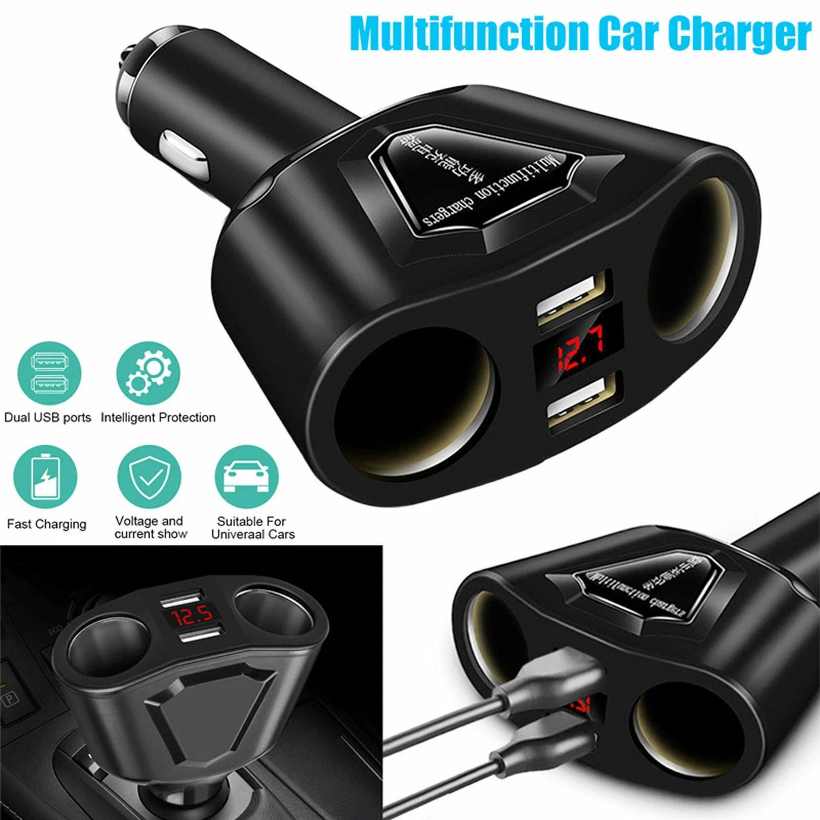 Dual USB Charger Power Adapter for Car, Car LCD Cigarette Lighter Socket Splitter, DC Power Outlet