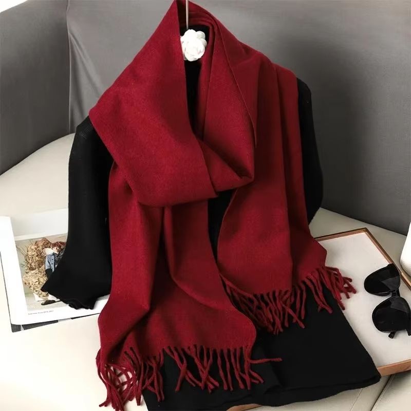 Solid Color Thick Cashmere Feel Winter Scarf With Tassels For Women