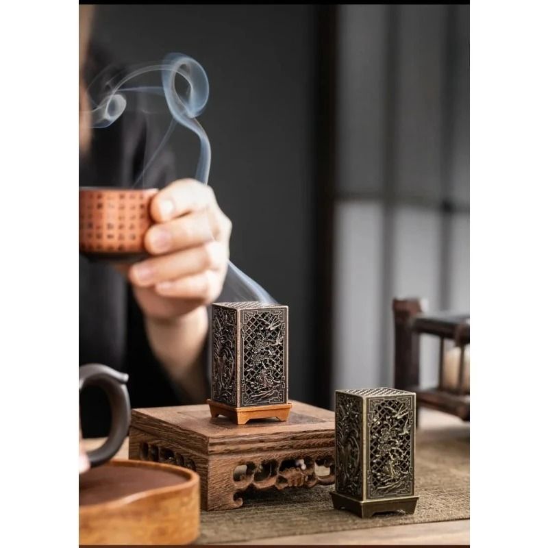 Square Vertical Incense Burner Alloy Aromatherapy Holder with Chinese Plum Design