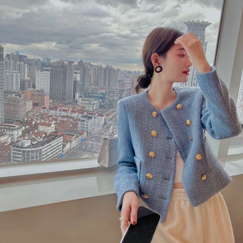 Short Mixtures Jacket Women, Half Blue Tweed Wool Blend Coat, Medium Fashion , Style High Quality Clothing