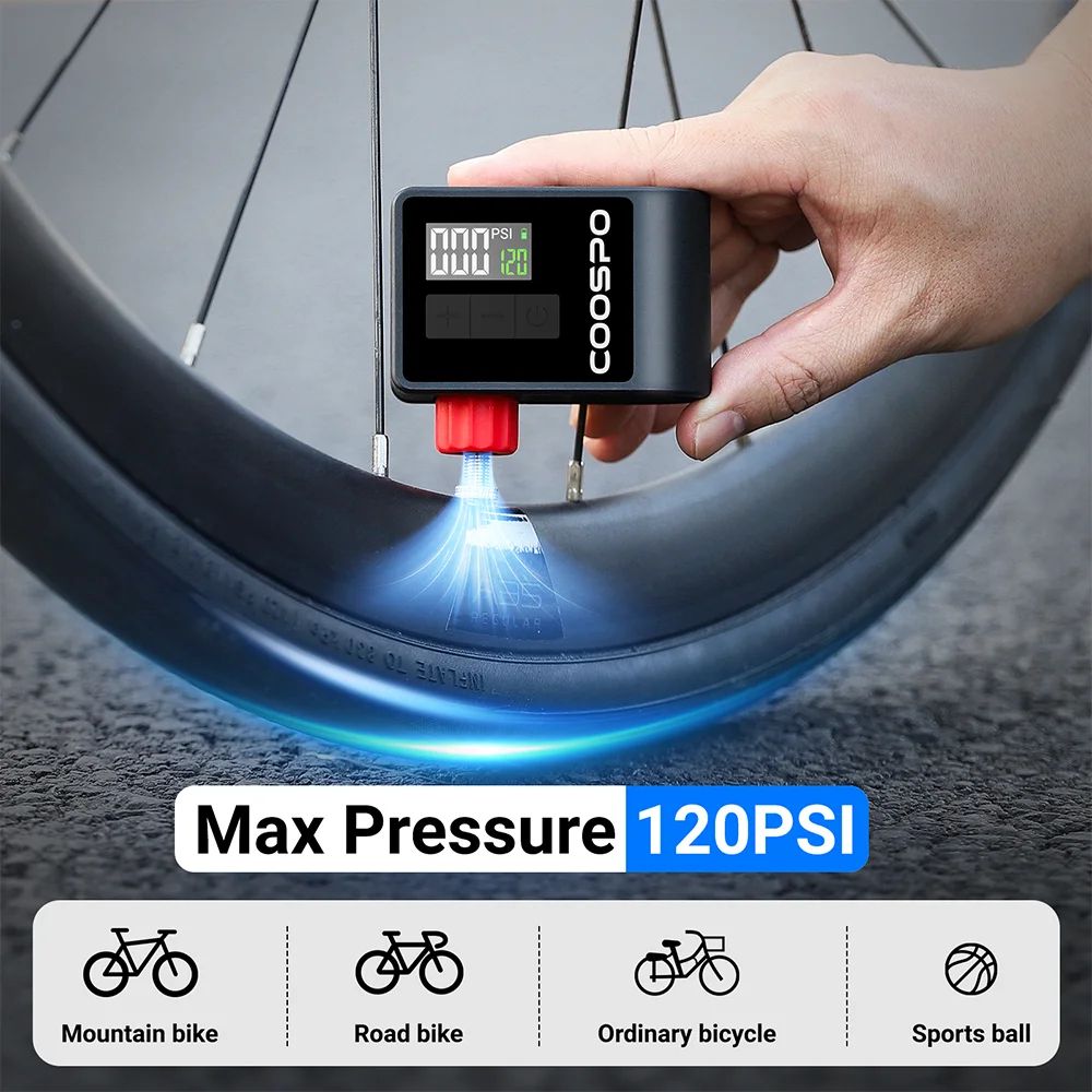 COOSPO Mini Electric Bike Pump 120PSI Portable Digital Tire Inflator
