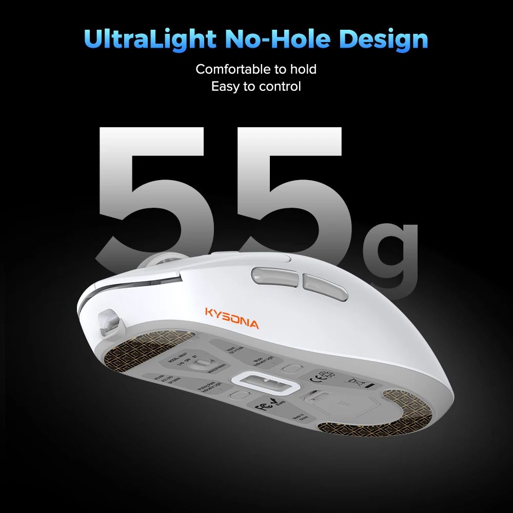 Kysona M600 V2 White PAW3395 wireless gaming mouse, 1.94oz Ultralight Tri Mode, 26000 DPI
