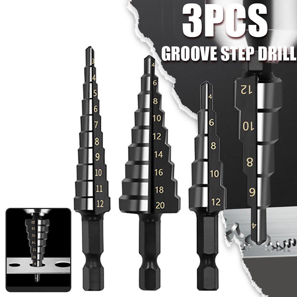 3Pcs HSS Straight Groove Step Drill Bit Set Nitride Black Hex Wood & Metal Hole Cutter 3-12mm, 4-20mm