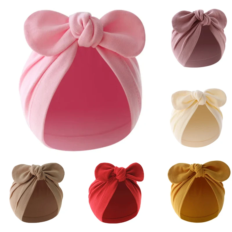 Toddler Cap Baby Accessories, Solid Color Newborn Beanie Cute Bows Turban Hats