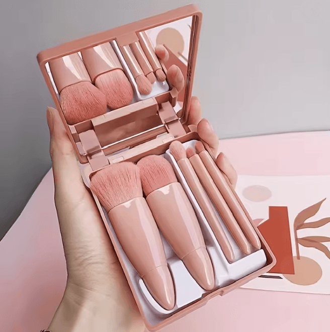 MirrorFold Mini Makeup Brush Set Travel Brush Kit with Mirror