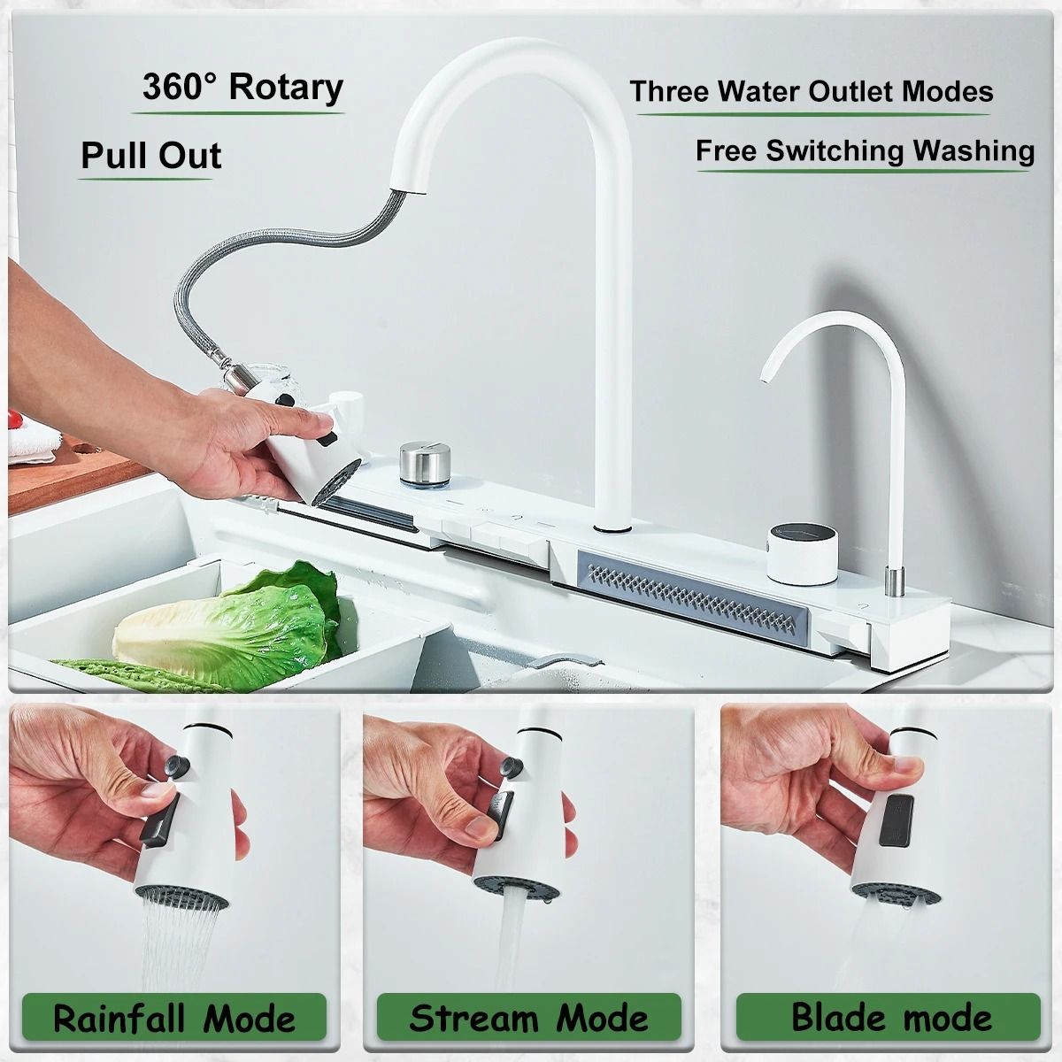 White Nano Stainless Steel Kitchen Sink – Double Waterfall Smart Digital Display Set