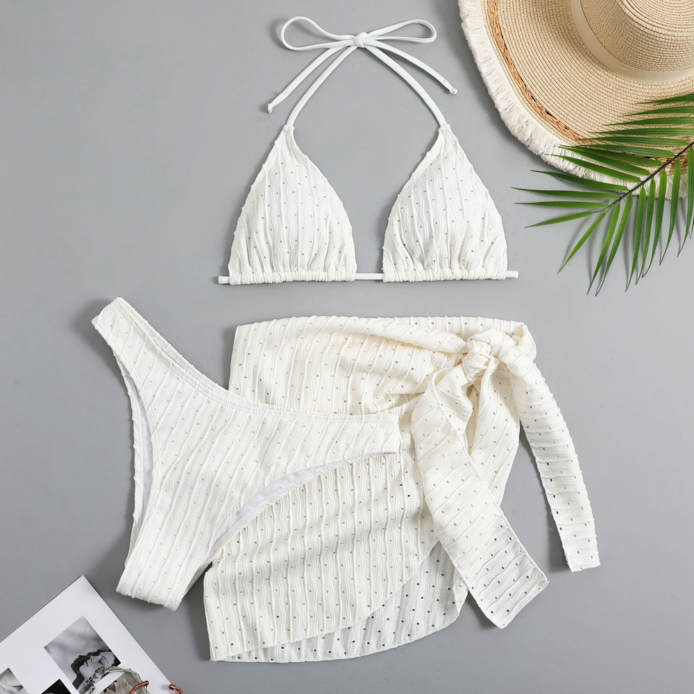 Summer Halter Bikini Women, Sexy Thong Swimwear with Sarong Skirt, White Black Pink Green Beachwear