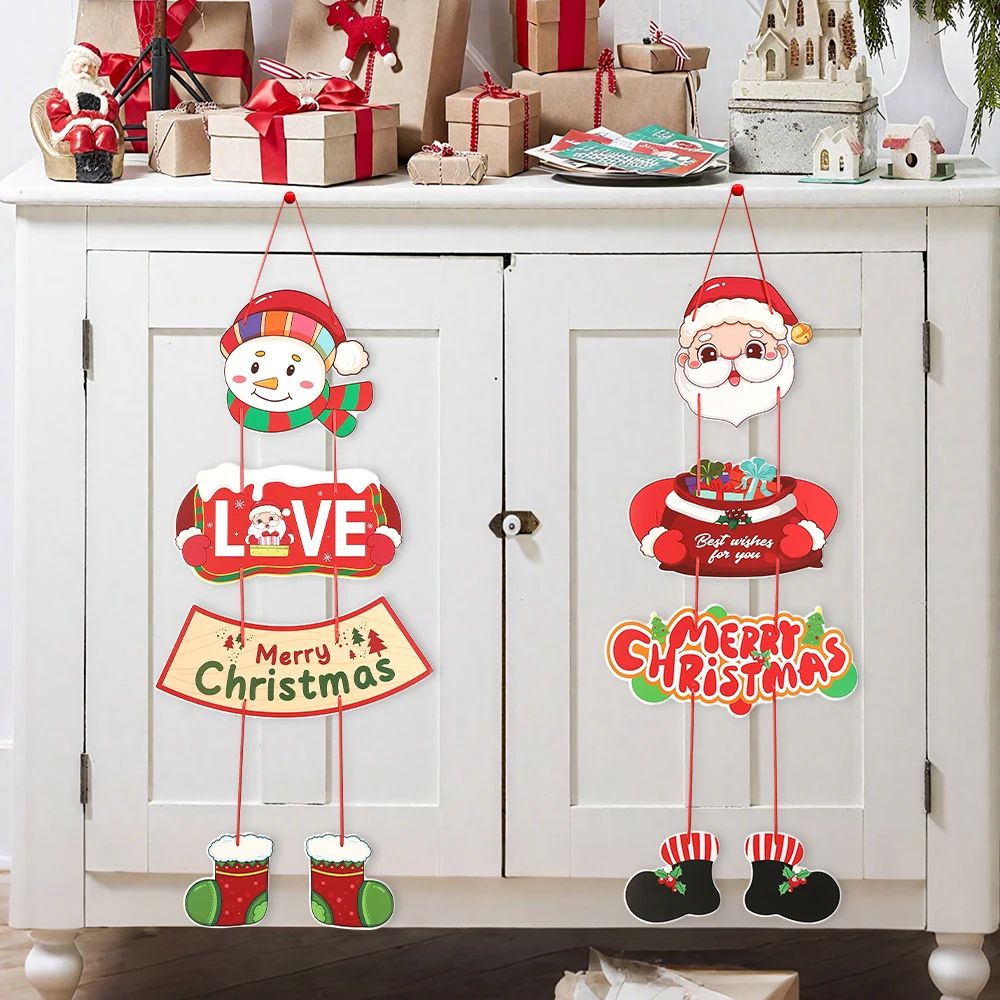 2pcs Santa Snowman Christmas Door Hanging Banner Decor