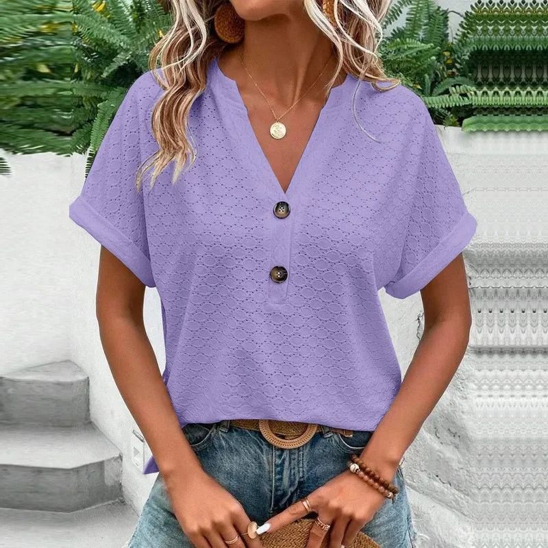 Loose Jacquard V Neck Button Down Blouse Oversized Summer Top