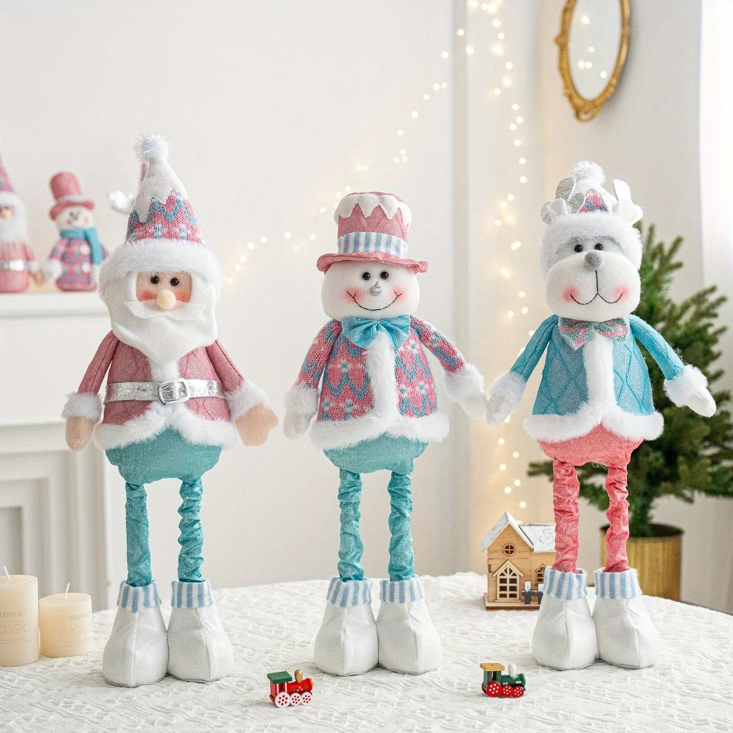 Retractable Santa Claus Snowman Elk Dolls Pink and Blue Fabric Window Decoration