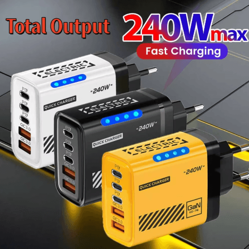 240W GaN 5 Port USB-C Fast Charger with EU US Plug for Laptop and Phone