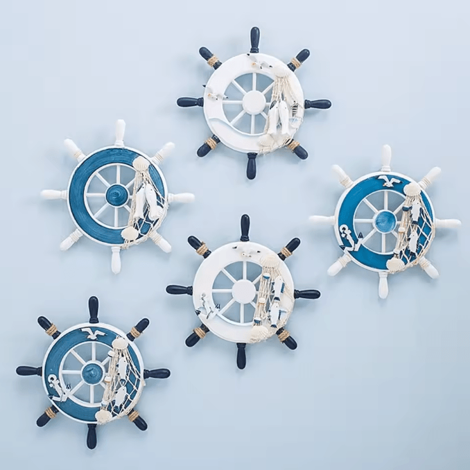 CoastalCharm 9-Inch Wooden Ship Wheel Wall Decor with Fishing Net for Beach-Themed Home Styling